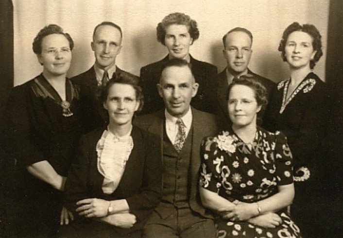 The Children of William R. & Mary A. (Messenger) Cobb of Kiowa County, Kansas, circa 1953:

Back row, from left: Ethel (age 59), John (47), Helen (54), Verne (50), Rowene (52).

Front row, from left: Edith (61), Wilna (69), Maude (64).
  
Photo courtesy of Nancy Smith.