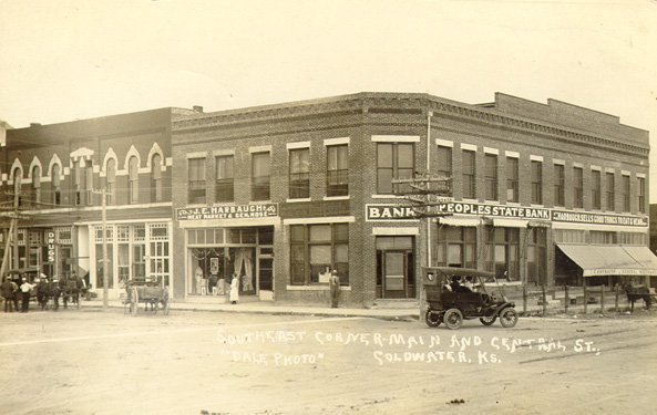 The Southeast corner of Main and Central, Coldwater, Comanche County, Kansas, after 1910.