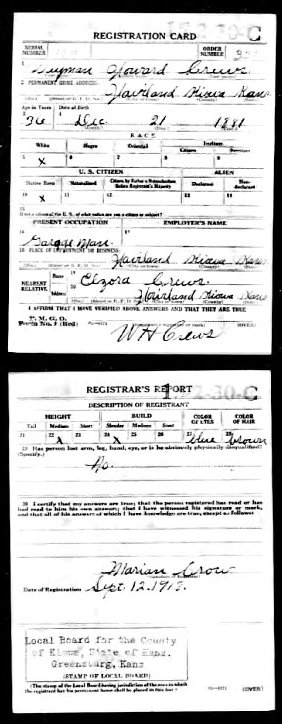 WWI Draft Registration card for  Wayman Howard Crews, Haviland, Kiowa County, Kansas.