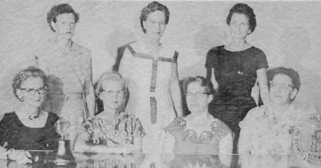 Coldwater (Kansas) Business & Professional Women's Club, 1959-1960 OFFICERS. Seated: left to right: Ruby Booth. President; Leola Wilkerson, First Vice President; 	Wilma Lewis,  Second Vice President; Helen King, Corresponding Secretary. Standing, left to right: Dorothy Stewart. Treasurer; Myrtle Clinesmith, Recording 	Secretary; June Whitzel, State Legislative Steering Committee Chairman.