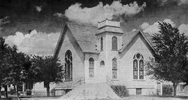 The Christian Church, Coldwater, Comanche County, Kansas. Photo from the Diamond Jubilee Historical Souvenir Program. Coldwater, KS: Western Star, 1959.