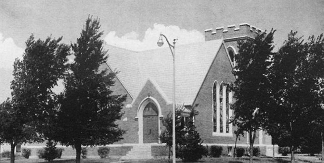 Presbyterian Church, Coldwater, Comanche County, Kansas. Photo from the Diamond Jubilee Historical Souvenir Program. Coldwater, KS: Western Star, 1959.