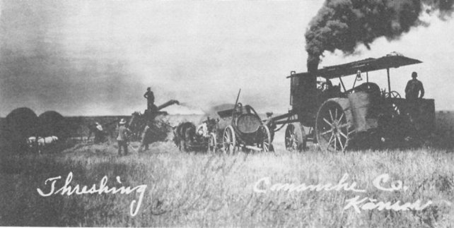 Wheat Threshing on the Oller Farm.  From page 6 of the Diamond Jubilee souvenir program, 75th anniversary of Coldwater, Comanche County, Kansas.