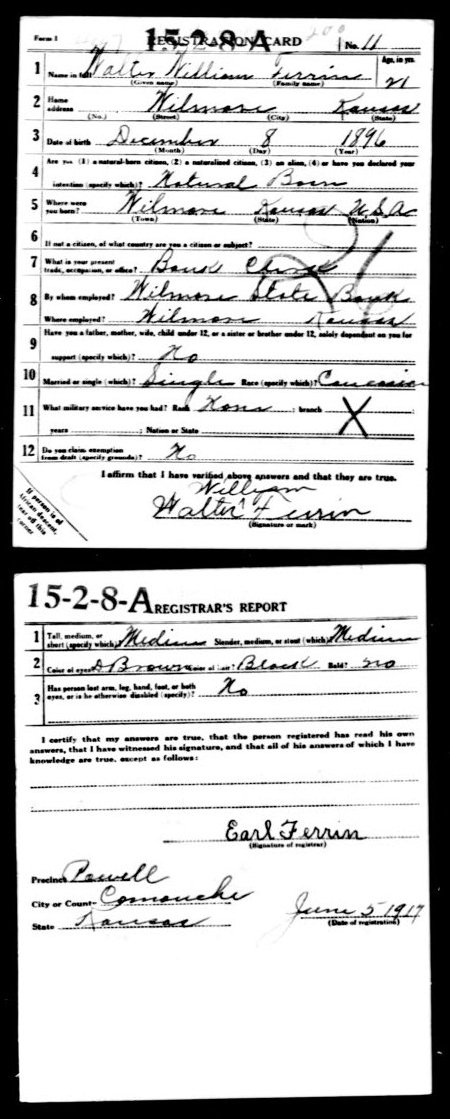 WWI Draft Registration card for Walter Ferrin of Wilmore, Comanche County, Kansas.