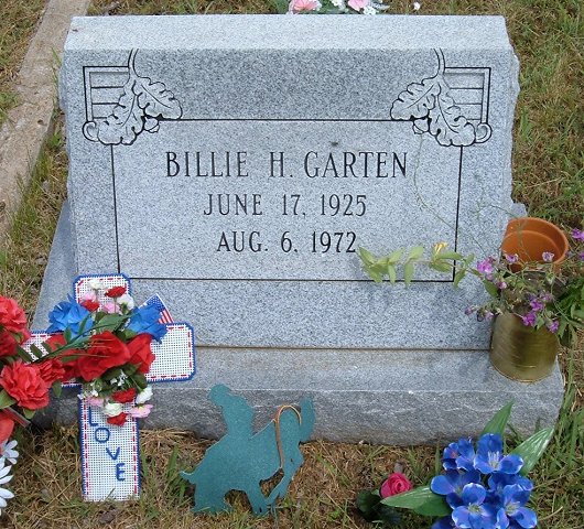 Gravestone for Billie H. Garten, Sunnyside Cemetery, Sun City, Barber County, Kansas.

Photo courtesy of Bonnie (Garten) Shaffer.