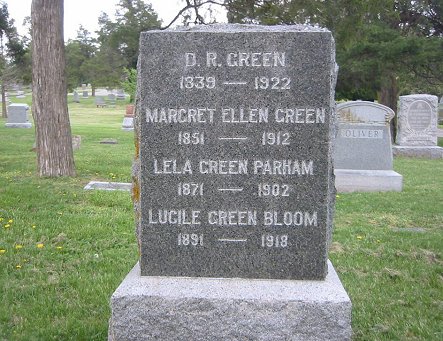 Gravestone for 

Donald R. 'Cannon Ball' Green 1839 - 1922, 
Margret Ellen Green 1851 - 1912, 
Lela Green Parham 1871 - 1902, 
and Lucile Green Bloom 1891 - 1918.

Section H, Lot 11, Grave 2,

Maple Grove Cemetery, Wichita, Kansas.

Photo courtesy of David G. Stuart.