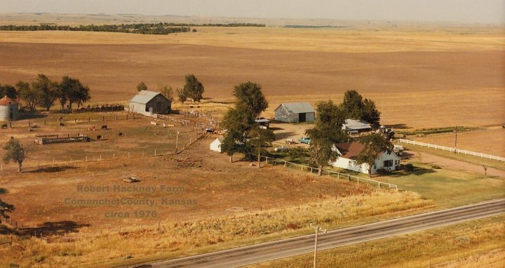 Aerial photograph of the Robert Hackney farm, Comanche County, Kansas, circa 1976.  Photographer unknown. Photo from the collection of Bob Hackney.