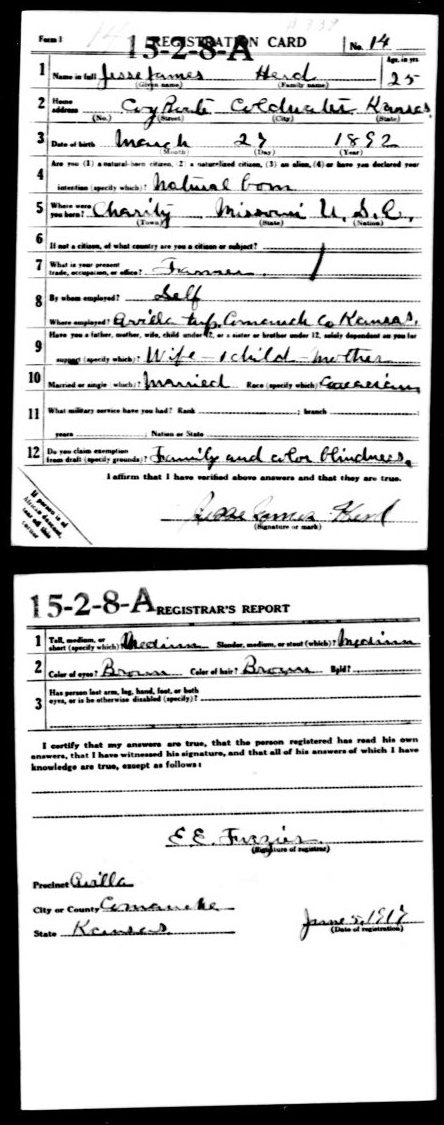 WWI Draft Registration card for Jesse James Herd of Coldwater, Comanche County, Kansas.