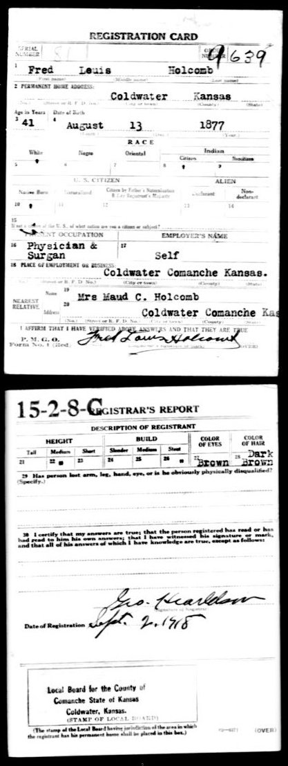 WWI Draft Registration card for Fred Louis Holcomb  of Coldwater, Comanche County, Kansas.