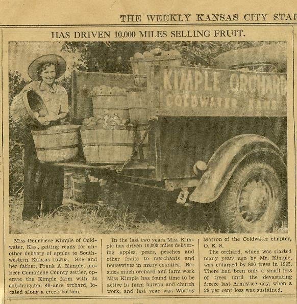 Genevieve Kimple of Coldwater, Comanche County, Kansas, with a pickup truck load of apples. Undated newsclipping from the Ollie Hackney Clipping Collection, courtesy of Bobbi Huck.