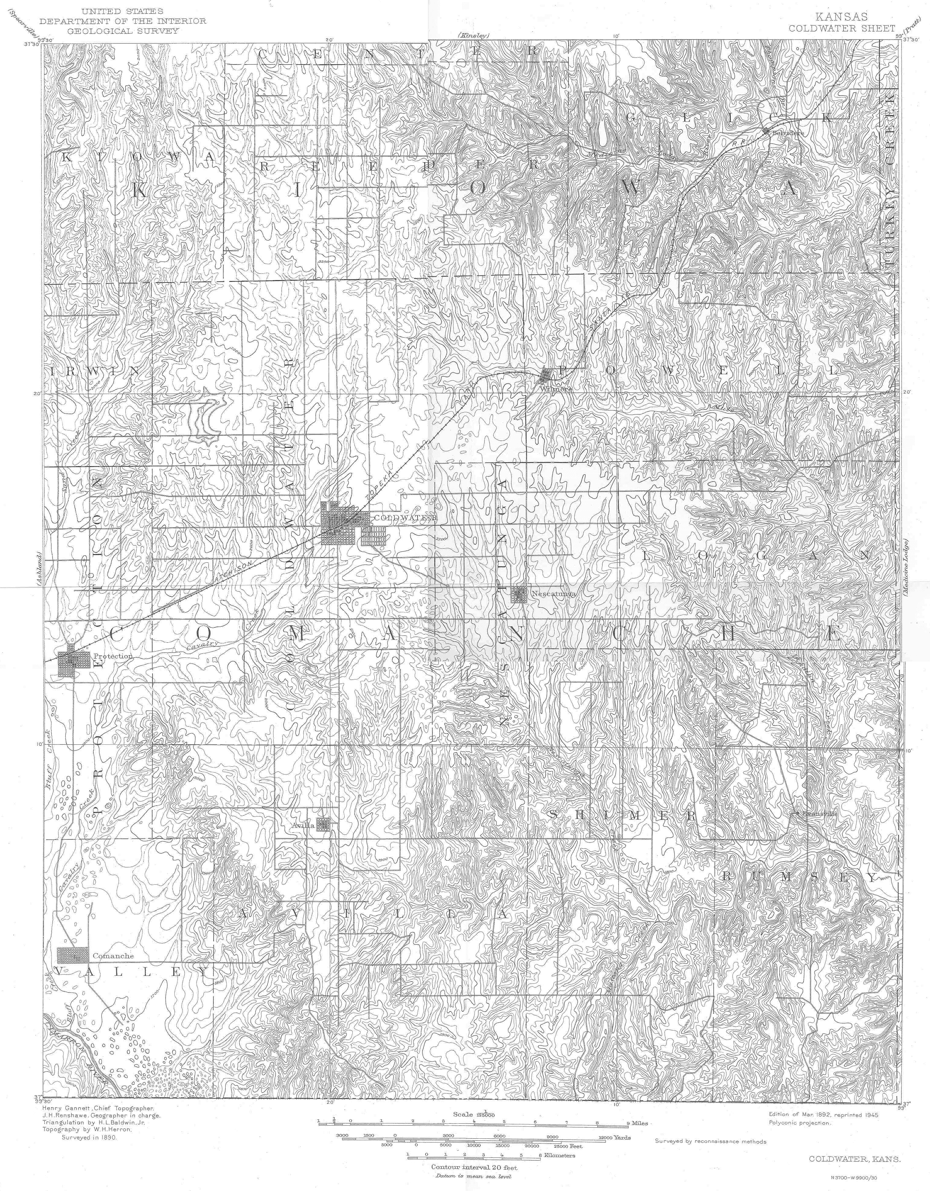 1892 USGS topographical map of Comanche County, Kansas.  Map courtesy of Eugene Markstrom