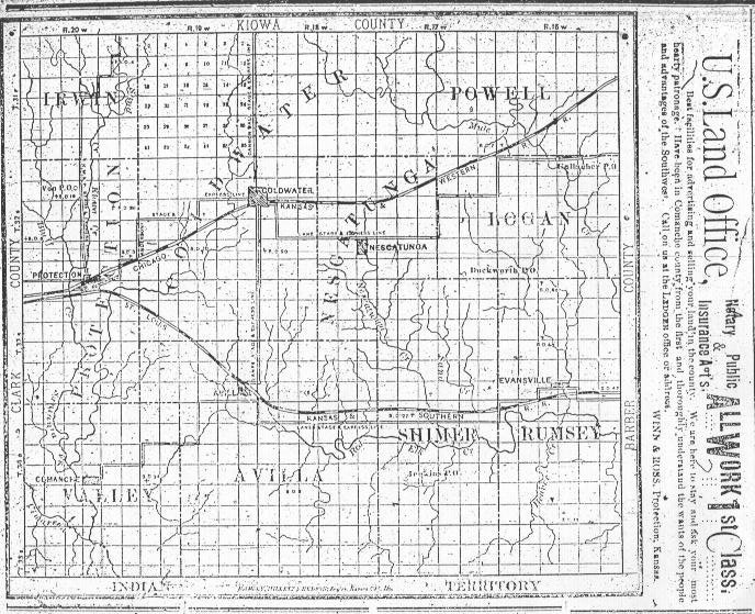 Map of Comanche County, Kansas, 3 May 1887.

From 'Kansas Weekly Ledger', May 3, 1887. (Published at Protection, Kansas.)

Scan courtesy of Shirley Brier.