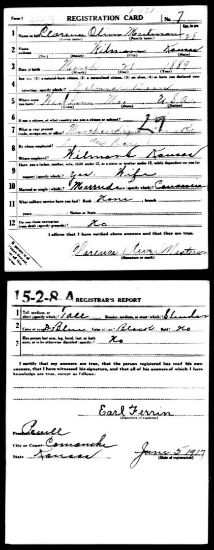 WWI Draft Registration card for Clarence Oliver Masterson of Wilmore, Comanche County, Kansas.