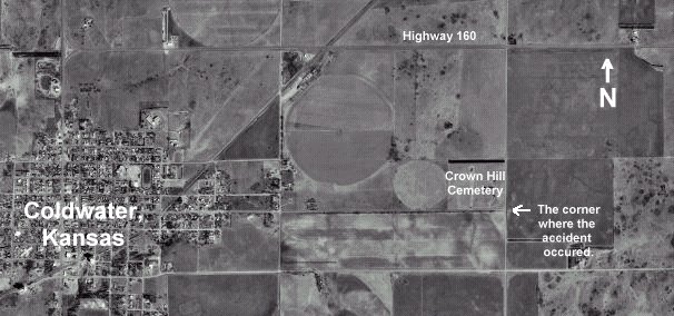 Location of the auto accident east of Coldwater, Comanche County, Kansas, which killed Ancil McCorkle and fatally wounded Harold Booth.

USGS aerial photograph, 1 April 1996.