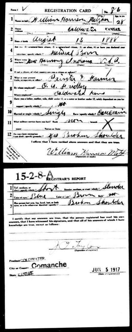 WWI Draft Registration card for William Harrison Metzker of Coldwater, Comanche County, Kansas.