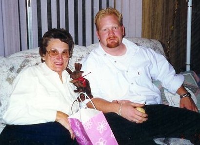 Alice Bergeman with her grandson, Dennis Lee Fought. Photo from the collection of Alice (Norton) Bergeman. Christmas Day, 1999.