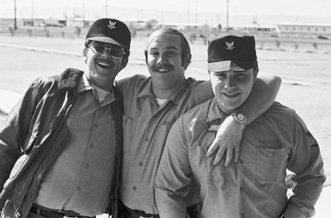 Left to right: Petty Officer 2nd Class _______, PHAN Ron Larrington, Petty Officer 3rd Class ______ Rogers, National Parachute Test Range, El Centro, California, circa 1976.

Photo by PHAN Pat 'Smitty' Smith.