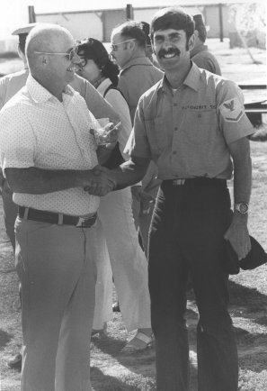 PH1 Bill Nolta, at left, in a 'grip & grin' photo with PH2 Terry Parkhurst, at Bill's NPTR retirement party. Photo by Jerry Ferrin, circa 1976.