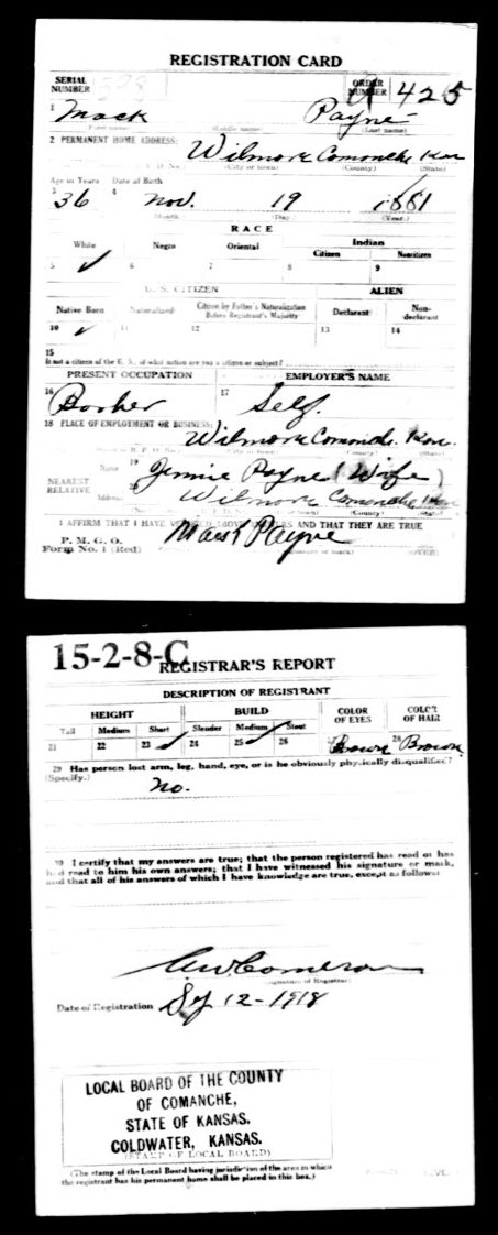 WWI Draft Registration card for Mack Payne of Wilmore, Comanche County, Kansas.