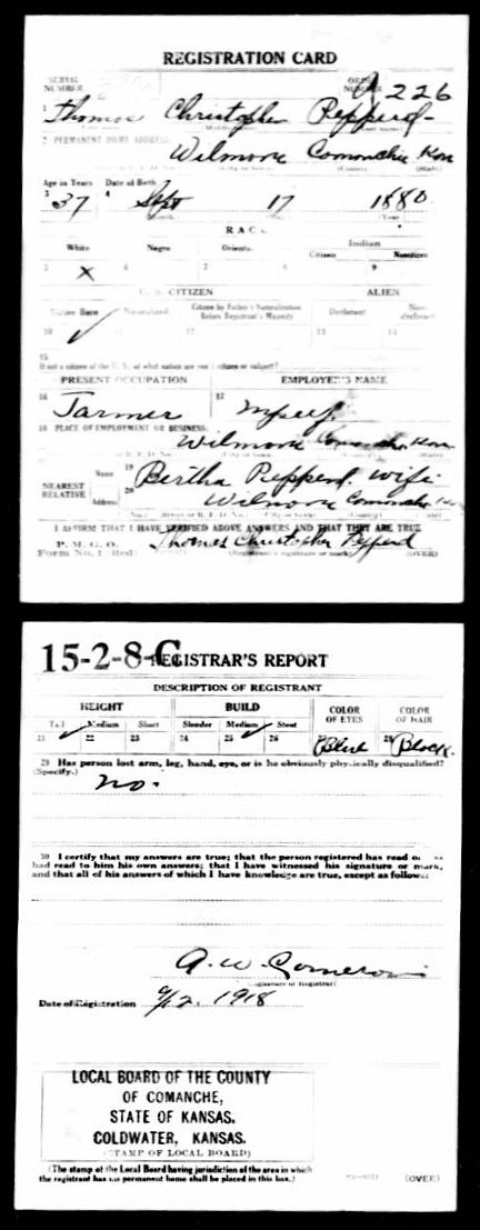 WWI Draft Registration card for Thomas Christopher Pepperd of Wilmore, Comanche County, Kansas.