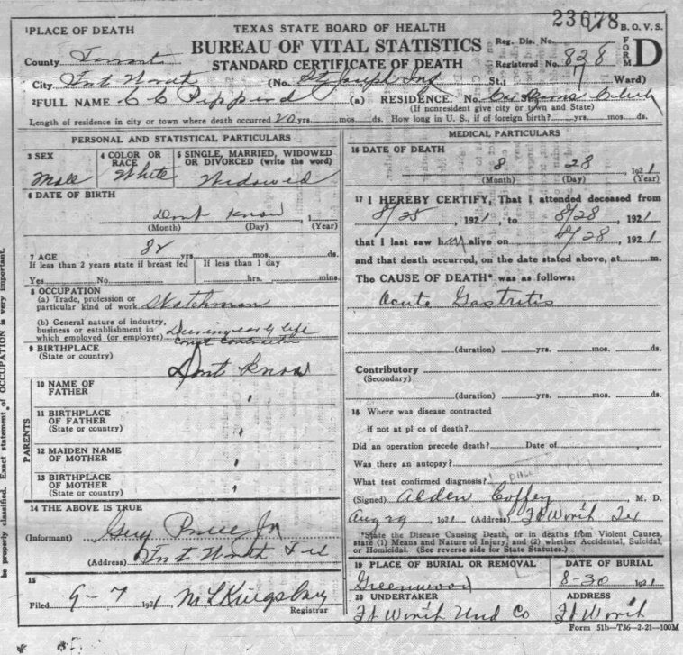 Death certificate for Christopher Carson Pepperd, Texas State Board of Health.  Courtesy of Shirley Brier.