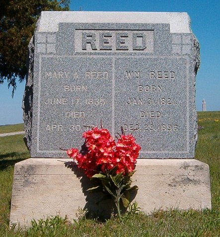 Gravestone for William and Mary A. Reed,

Crown Hill Cemetery, Comanche County, Kansas.

Photo by Bobbi (Hackney) Huck.