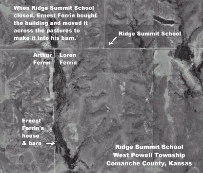 Captioned satellite view of the location of the Ridge Summit School, District 37, West Powell Township, Comanche County, Kansas.