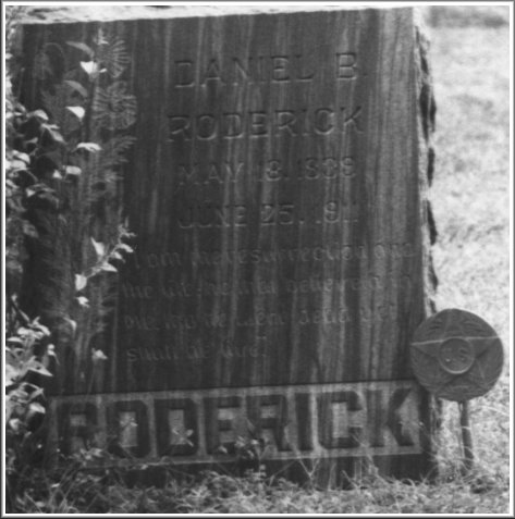 The gravestone of Daniel Boone Roderick, b. 18 May 1839, died 26 June 1942.  Sharon Cemetery, Barber County, Kansas. Photograph by Jerry Ferrin.