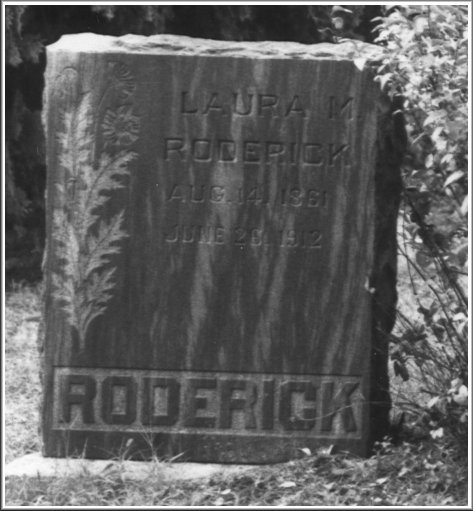 The gravestone of Laura Maggie (Allender) Roderick, born 14 Aug 1861, died 26 June 1942. Sharon Cemetery, Barber County, Kansas. Photograph by Jerry Ferrin.