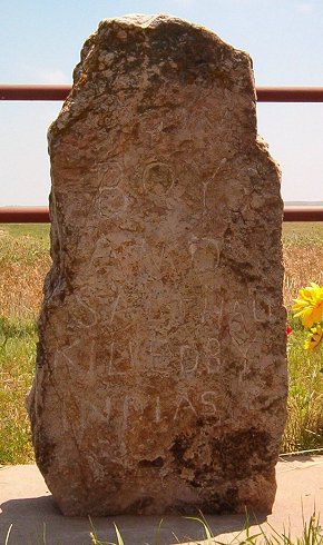 The front of the original gravestone in the Cowboy Cemetery, Woods County, Oklahoma. 

Cow

Boy

AND

SALT HALL

KILLEDBY

INDIAS


Photo by Bobbi Huck.