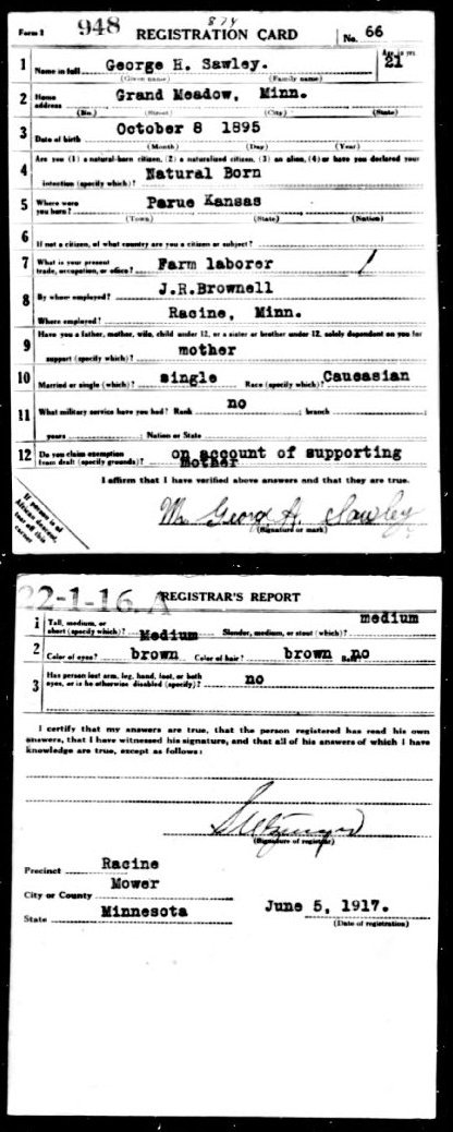 WWI Draft Registration card for George H. Sawley  of Grand Meadow, Minnesota.