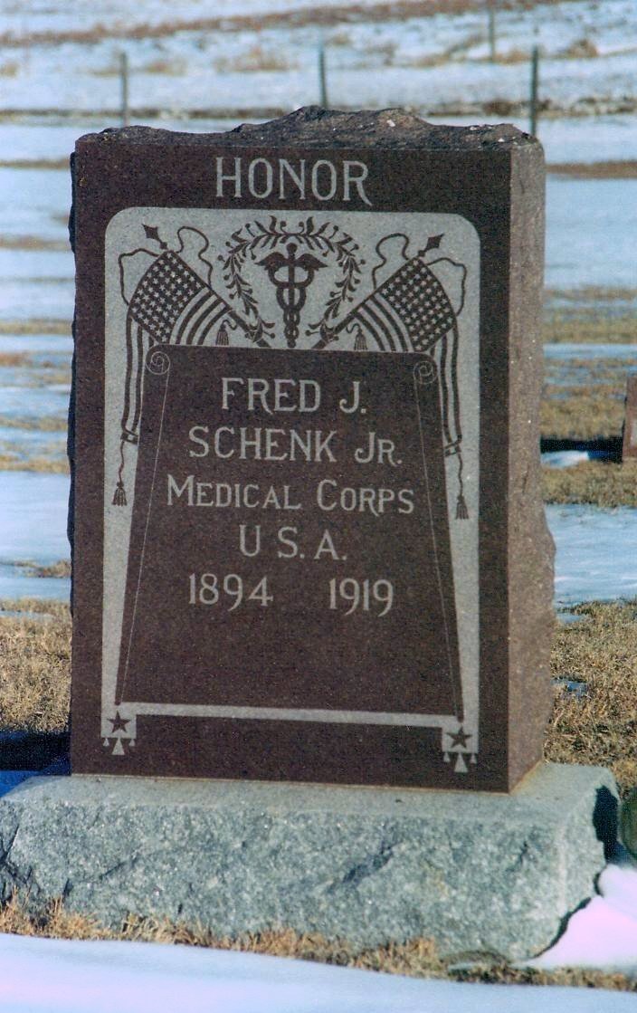 Gravestone of Fred Schenk, Jr., U.S. Army, WWI veteran, Crown Hill Cemetery near Coldwater, Comanche County, Kansas. Photo by Bobbi Huck.