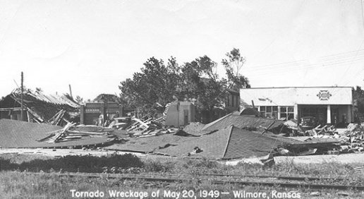 Wreckage of the May 20, 1949 tornado, view of the downtown area of Wilmore, Comanche County, Kansas. Photo by John Edward (Ed) Schrock, used with permission of Janet Schrock Hubbard.