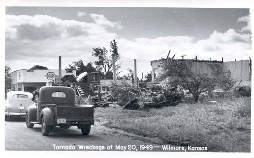 Wreckage of the May 20, 1949 tornado, view of the downtown area of Wilmore, Comanche County, Kansas. Photo by John Edward (Ed) Schrock, used with permission of Janet Schrock Hubbard.