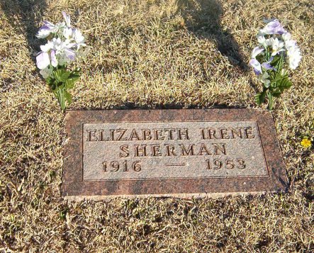 Gravestone for Elizabeth Irene (Whitaker) Sherman,

Crown Hill Cemetery, Comanche County, Kansas.

Photo by Bobbi (Hackney) Huck.