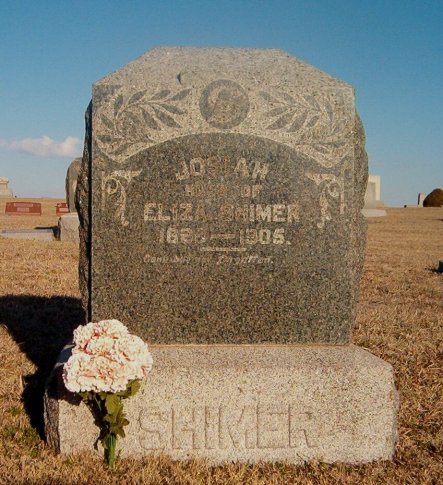 Gravestone for Josiah P. 'Uncle Pony' Shimer,

Crown Hill Cemetery, Comanche County, Kansas.

Photo by Bobbi (Hackney) Huck.