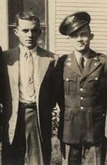 From left:  Forrest Smith and Calvin Smith at Ernest & Nellie Ferrin's house east of Wilmore, Comanche County, Kansas, about 1943 or 1944. Photograph from the collection of Wendel Ferrin.