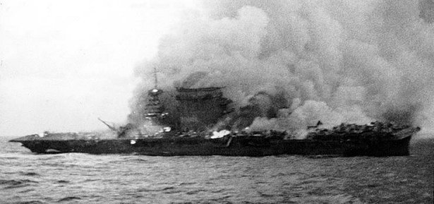 USS Lexington burning during the Battle of Coral Sea, May 1942, Photo# NH 51382.