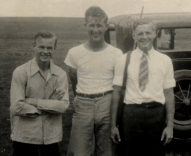 From left: Orlin Downing, Wayne Nielsen and Byron Wood of Wilmore, Comanche County, Kansas, about 1944. Photo by Wendel Ferrin.