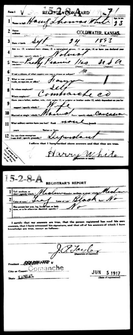 WWI Draft Registration card for Harry Thomas White of Comanche County, Kansas.