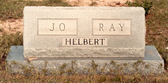 Gravestone of Jo & Ray Helbert,

Wilmore Cemetery, Wilmore, Comanche County, Kansas. 

Photo by John Edward (Ed) Schrock, 
used with permission of Janet Schrock Hubbard.