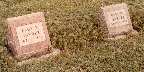 Gravestones of Floy E. & Carl H. Snyder,

Wilmore Cemetery, Wilmore, Comanche County, Kansas. 

Photo by John Edward (Ed) Schrock, 
used with permission of Janet Schrock Hubbard.