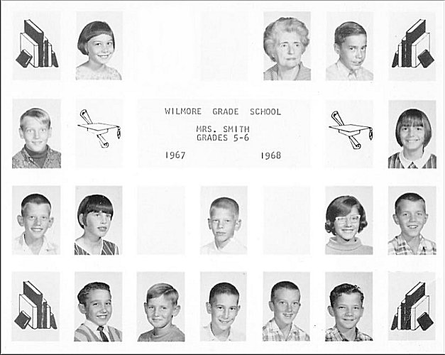 Wilmore Grade School, Wilmore, Comanche County, Kansas. Teacher:  Mrs. Smith, 5th & 6th grades, 1967 - 1968: Top row: Janelle Trummel, Mrs. Smith, Donald Janson.  2nd row: Dan Ferrin, Ann York.  3rd row: Walt Lenertz, Bobbi Hackney, Kent Trummel, Patty Neilsen, Roger Unruh.  4th row: David Hubbard, Ricky Booth, Chris Lawless, Chuck Metzger, and ???