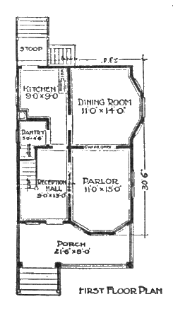 Floorplan of the 1st floor of Modern Home #167 from the Sears Roebuck 1913 Modern Homes catalog. Loren & Alcana Ferrin purchased one of these kits for $823.00 and had the home built for them in Wilmore, Kansas, in 1912.