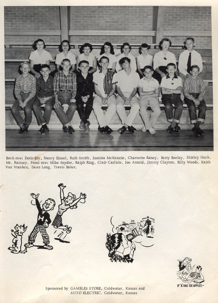 7th and 8th grades (although it doesn�t say so anywhere!) 
Front Row: Mike Snyder, Ralph Ring; Clair Carlisle; Joe Arnold; Jimmy Clayton; Billy Woods; Keith VanVranken; Dean Long; Travis Baker. 
Back Row: Doris Fry; Nancy Einsel; Ruth Smith; Juanita McKenzie; Charvette Raney; Betty Beeley; Shirley Huck; Mr. Ramsey