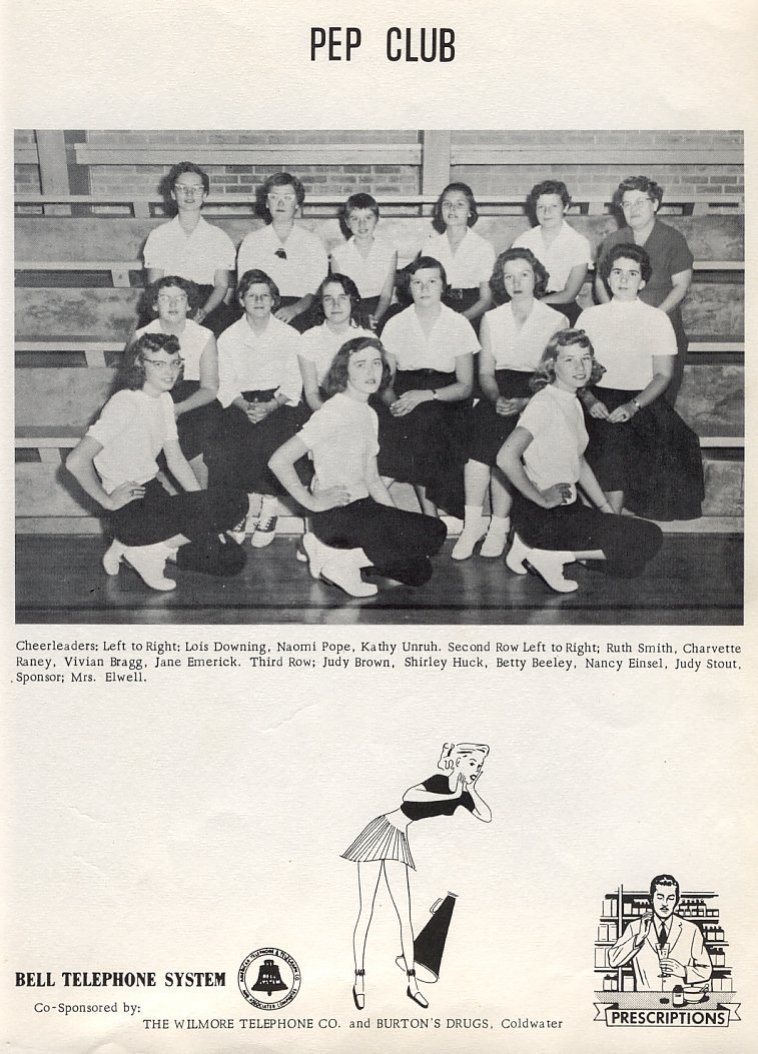 Pep Club: 
First Row: Lois Downing; Naomi Pope; Kathy Unruh 
Second Row: Ruth Smith; Charvette Raney; Vivian Bragg; Jane Emerick 
Third Row: Judy Brown; Shirley Huck; Betty Beeley; Nancy Einsel; Judy Stout 
Sponsors: Mrs. Madeline Elwell 