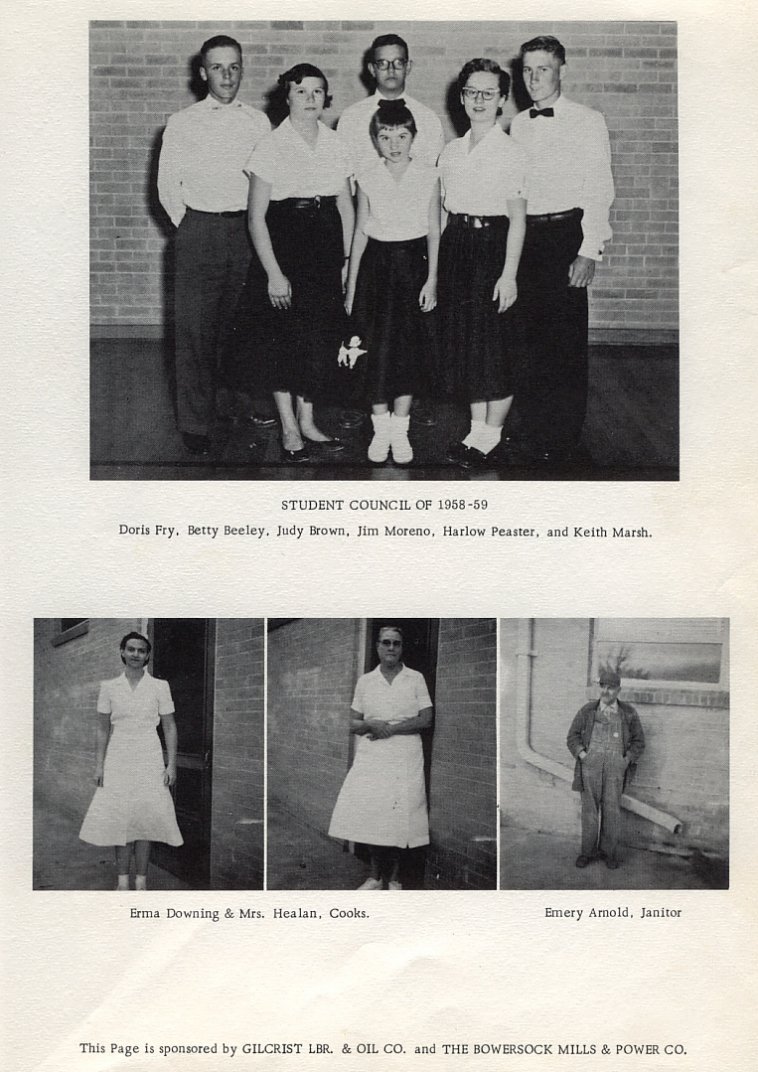 Student Council: 
Left to Right: Keith Marsh; Doris Fry; Harlow Peaster; Betty Beeley; Judy Brown; Jim Moreno

Erma Downing, Cook 
Mrs. Healen, Cook 
Emery Arnold, Janitor