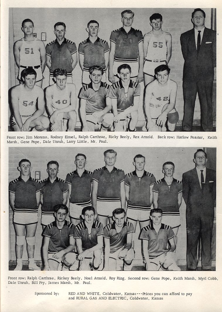 Top Picture: 
Front Row: Jim Moreno; Rodney Einsel; Ralph Carthrae; Rickey Beeley; Rex Arnold. 
Back Row: Harlow Peaster; Keith Marsh; Gene Pope; Dale Unruh; Larry Little; Mr. Paul. <P>

Bottom picture: 
Front Row: Ralph Carthrae; Rickey Beeley; Noel Arnold; Roy Ring. 
Back Row: Gene Pope; Keith Marsh; Myrl Cobb; Dale Unruh; Bill Fry; James Marsh; Mr. Paul.