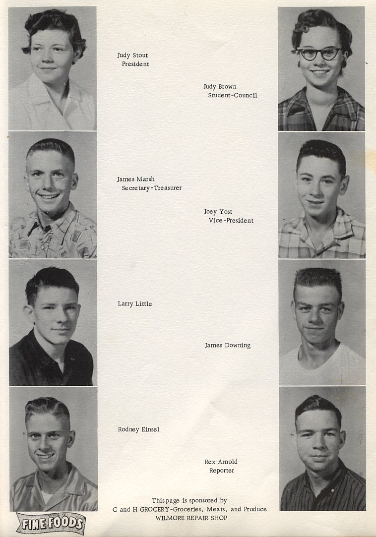 Freshmen:
 
First Row: Judy Stout, President; Judy Brown, Student Council
 
Second Row: James Marsh, Secretary/Treasurer; Joey Yost, Vice President
 
Third Row: Larry Little; James Downing
 
Fourth Row: Rodney Einsel; Rex Arnold, Reporter