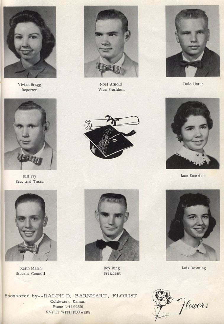 Top Row: Vivian Bragg, Reporter; Noel Arnold, Vice President; Dale Unruh
 
Middle Row: Bill Fry, Secretary/Treasurer; Jane Emerick
 
Bottom Row: Keith Marsh, Student Council; Roy Ring, President; Lois Downing